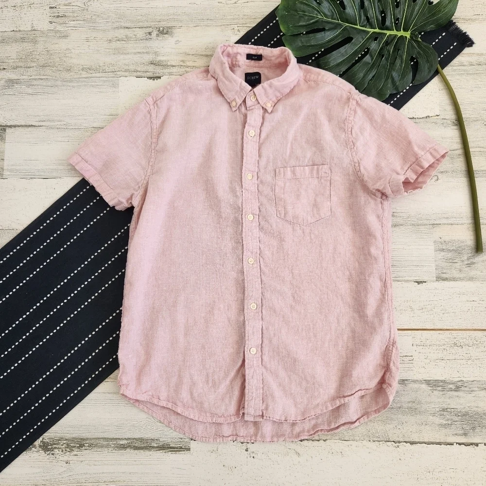 J.Crew Factory Short Sleeve Slim Linen Blend Shirt Pink Size Large